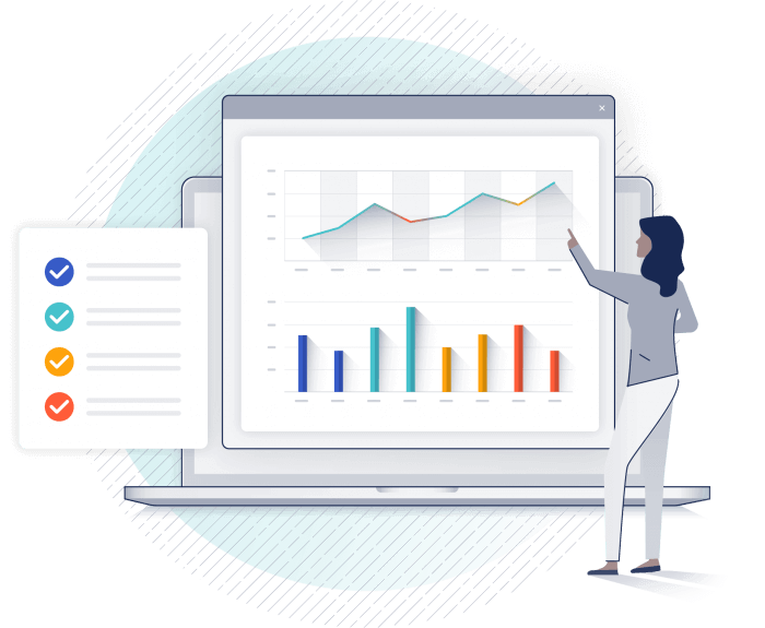 illustrated woman in front of data charts